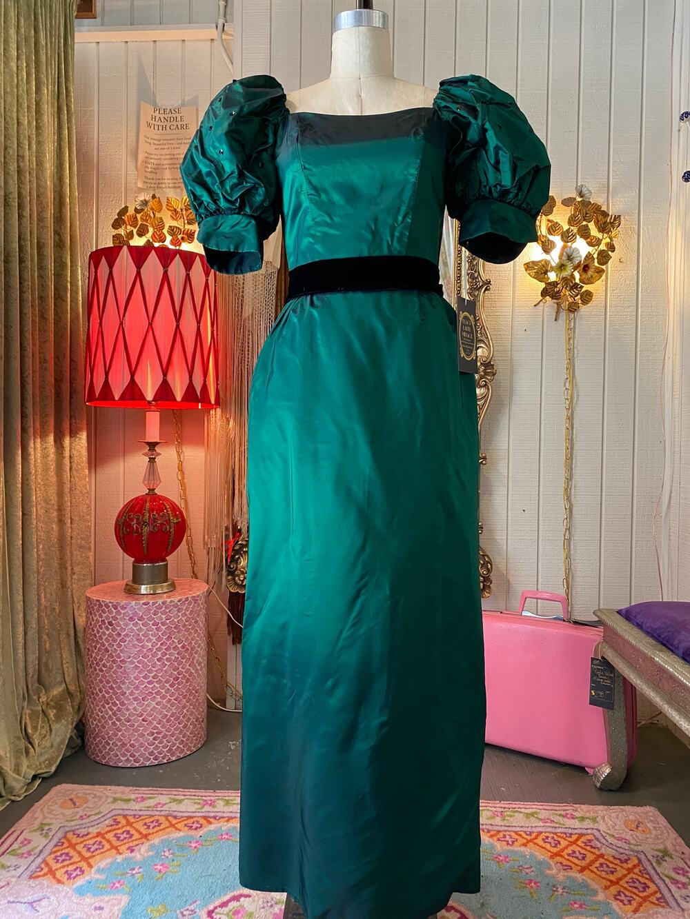 vintage 1980s green taffeta gown, puff sleeves, 80s fashion, formal dress, s/m